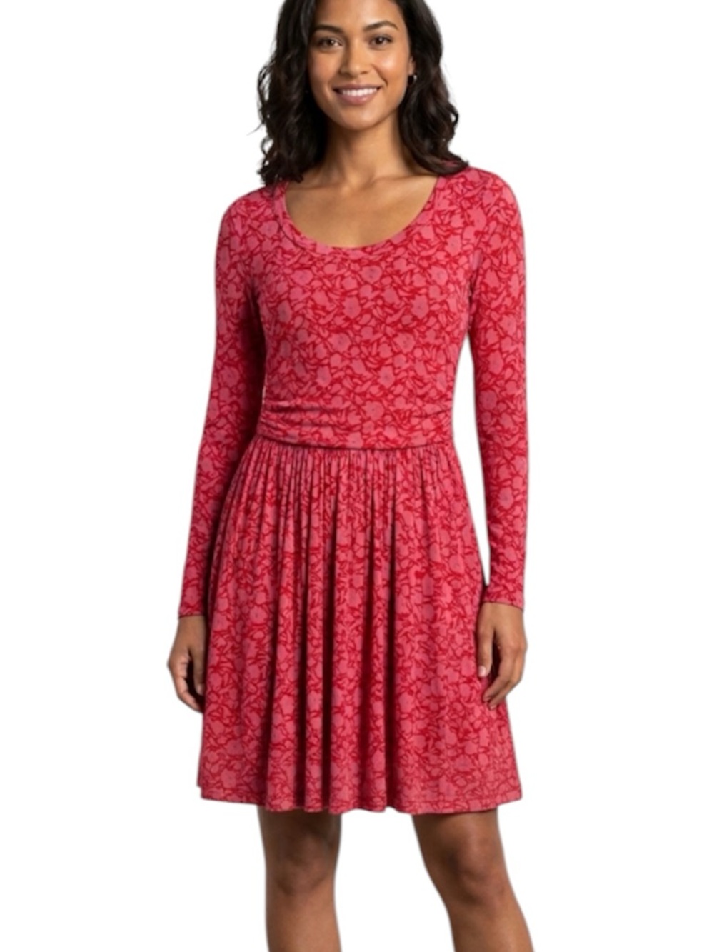 Old Navy Floral Long Sleeve Coral Scoop Neck Pleated Dress